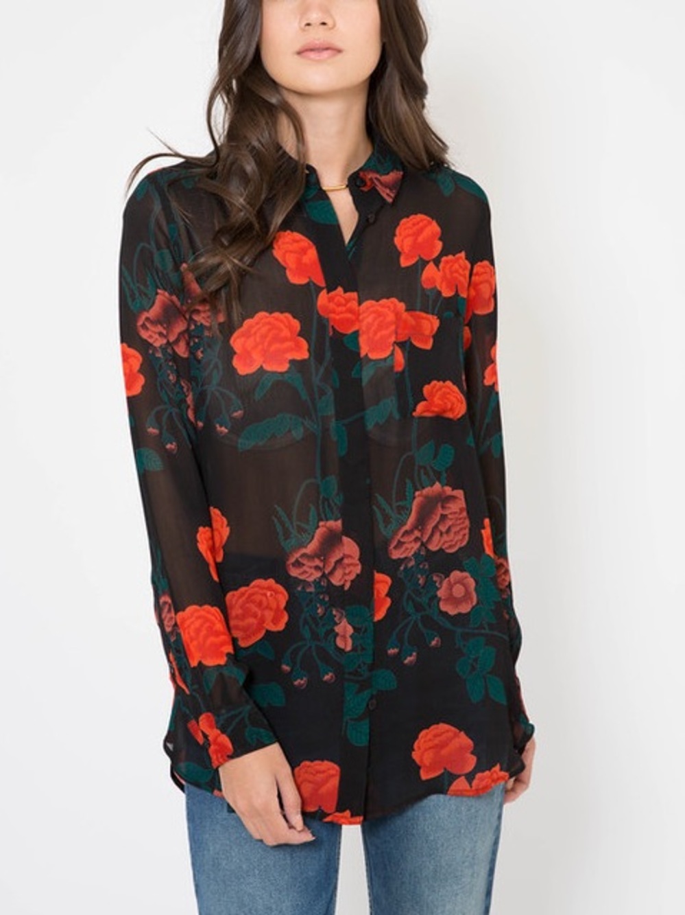 GANNI Newman Floral Print Georgette Shirt Black Red Green Size 34